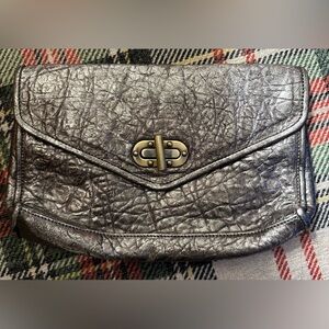Heather Hawkins Silver Textured Metallic Leather Vintage Clutch